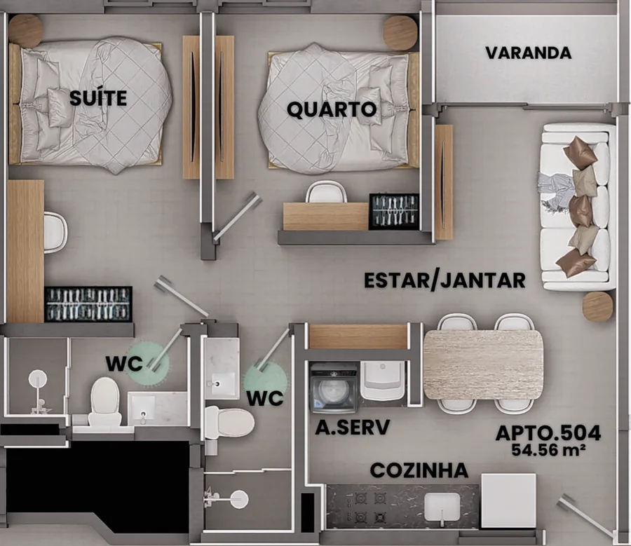 2 bedrooms floor plan, Bloom Living, unit ending 04