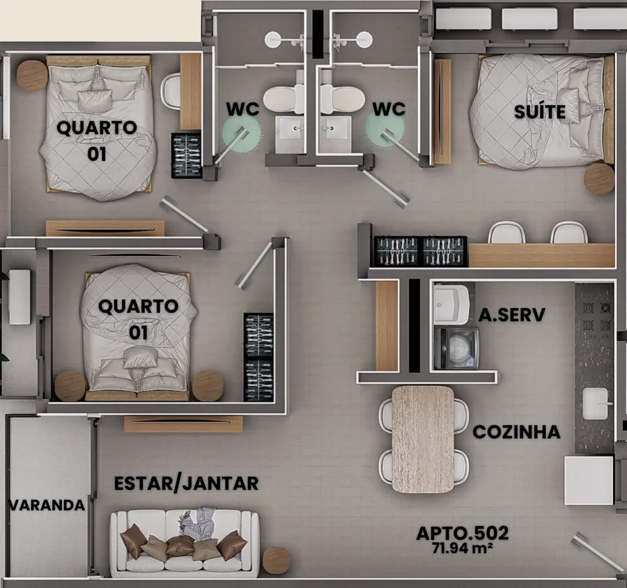 3 bedrooms floor plan, Bloom Living, unit ending 02