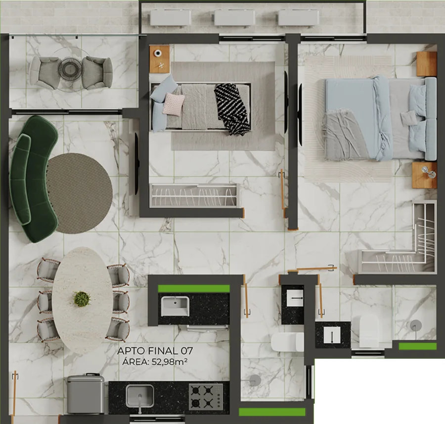 2 bedrooms floor plan, Mais Garden, unit ending 07