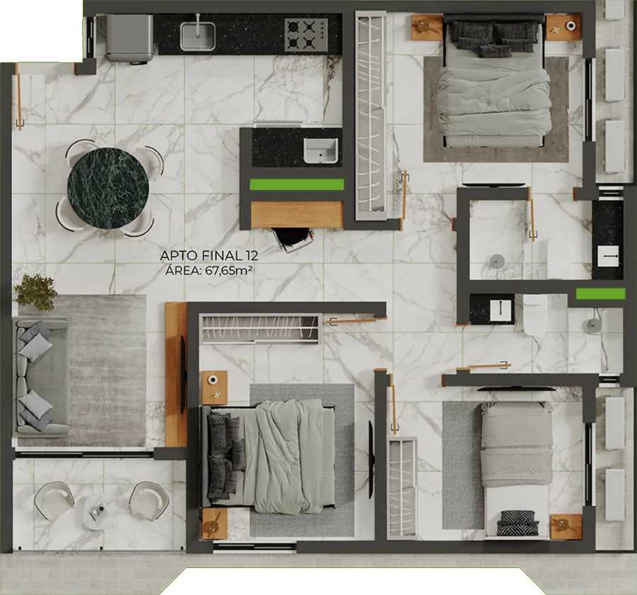 3 bedrooms floor plan, Mais Garden, unit ending 12