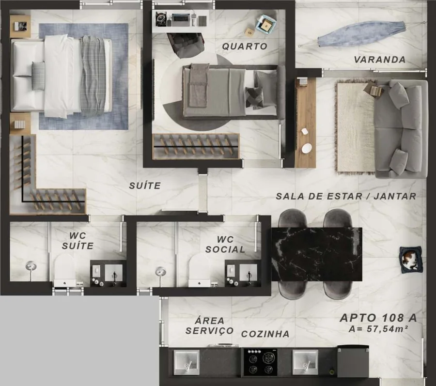 2 bedrooms floor plan, Noa Residence Club, unit 108 A