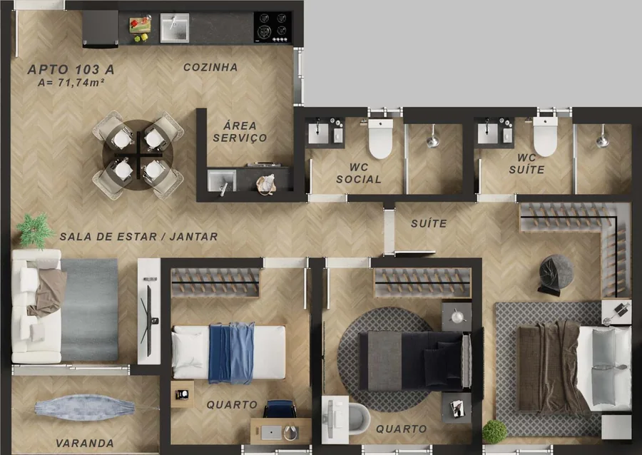 3 bedrooms floor plan, Noa Residence Club, unit 103 A, tower A