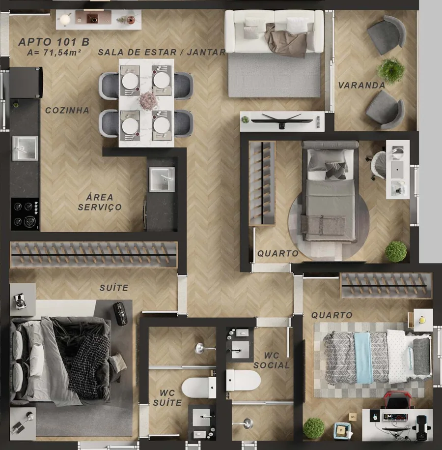 3 bedrooms floor plan, Noa Residence Club, unit 101 B, tower B